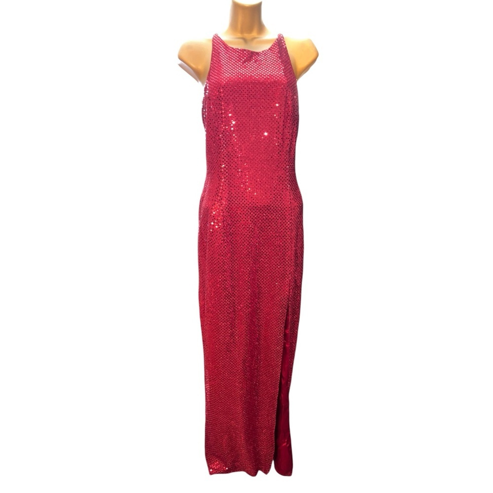 Vintage 90s Y2K Roberta Sequin Gown Cutout Maxi Dress Open Back Prom Red 5/6